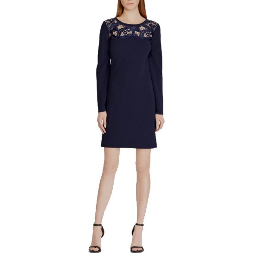 NWT Womens Size 6 Lauren Ralph Lauren LRL Navy Blue Lace-Yoke Crepe Shift Dress - Picture 2 of 4